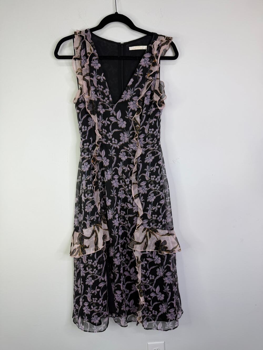 La Madison TALULAH Black Ruffle Midi Dress Lilac floral Print Size XS